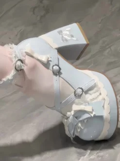Chaussures Lolita Sweet bleu ciel clair à nœuds bout rond talon compensé en cuir PU