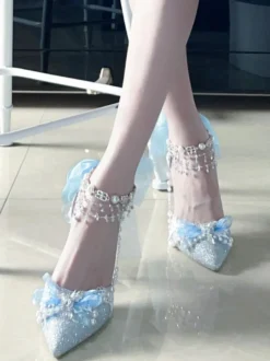 Chaussures Lolita Sweet chaînes bleues nœuds bout pointu talon aiguille