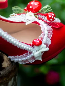Chaussures Lolita Sweet Chaussures Lolita à talons épais en dentelle et perles rouges