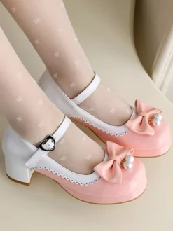 Chaussures Lolita Sweet en cuir PU violet avec perles et nœuds bout rond