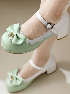 Chaussures Lolita Sweet en cuir PU violet avec perles et nœuds bout rond