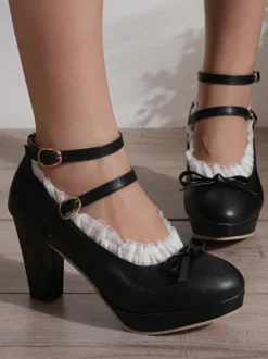 Chaussures Lolita Sweet en cuir PU à gros talons et lacets blancs