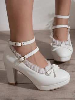 Chaussures Lolita Sweet en cuir PU à gros talons et lacets blancs