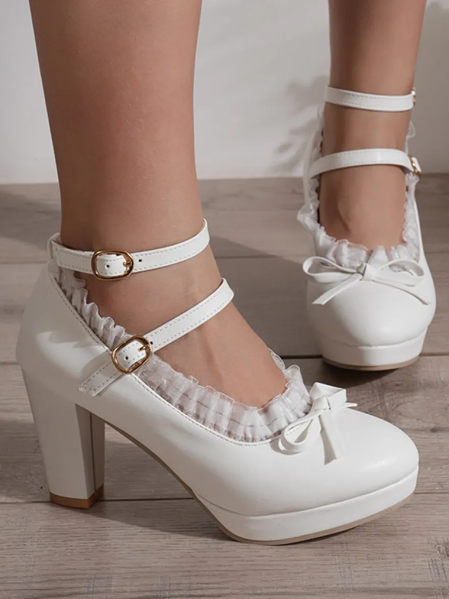 Chaussures Lolita Sweet en cuir PU à gros talons et lacets blancs