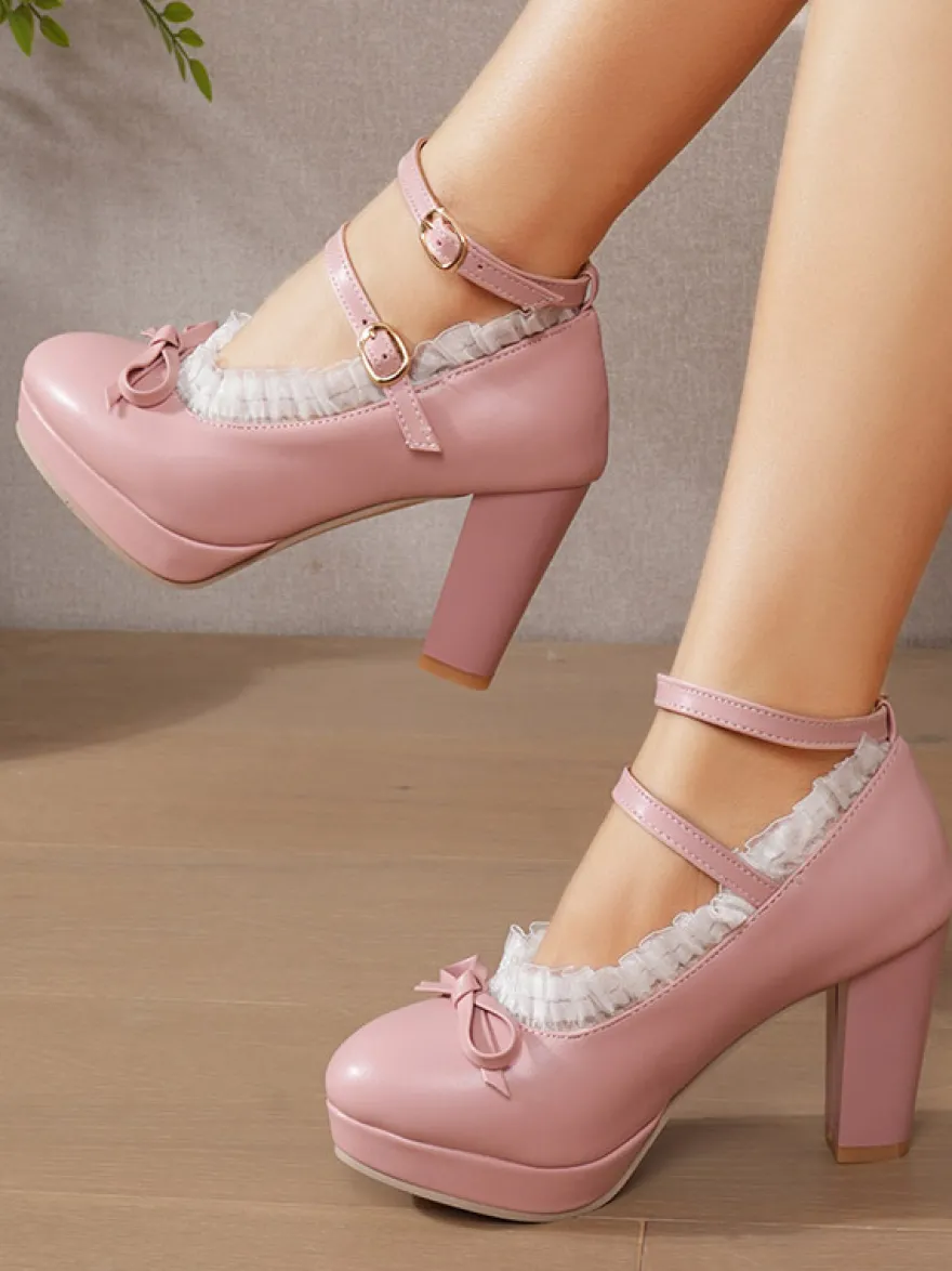 Chaussures Lolita Sweet en cuir PU à gros talons et lacets blancs