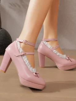 Chaussures Lolita Sweet en cuir PU à gros talons et lacets blancs