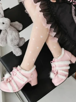 Chaussures Lolita Sweet escarpins Lolita à talons épais en cuir PU avec nœuds roses
