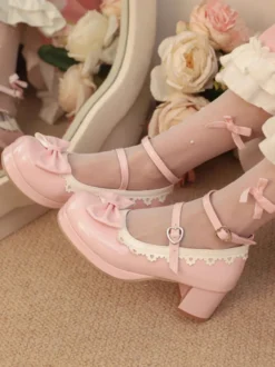Chaussures Lolita Sweet escarpins Lolita rouges à volants et nœuds bout rond en cuir synthétique