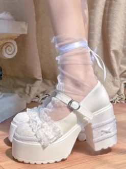 Chaussures Lolita Sweet Escarpins Lolita à talons épais en cuir PU avec nœuds blancs et dentelle