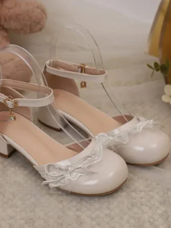 Chaussures Lolita Sweet escarpins Lolita roses à blocs de couleurs nœuds volants dentelle bout rond