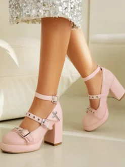 Chaussures Lolita Sweet Lolita en cuir PU rose à talons épais