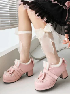Chaussures Lolita Sweet Lolita Escarpins Lolita en cuir PU à bout rond avec nœuds roses