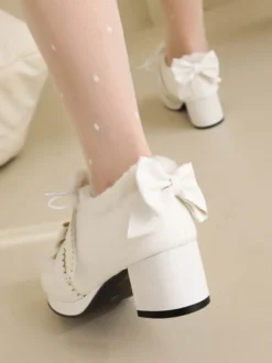 Chaussures Lolita Sweet Lolita Escarpins Lolita en cuir PU à bout rond avec nœuds roses