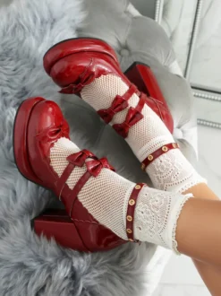 Chaussures Lolita Sweet Lolita avec nœuds rouges et détails en métal bout rond tige en PU verni