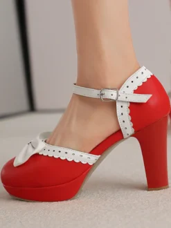 Chaussures Lolita Sweet à talons compensés en cuir PU avec nœuds blancs