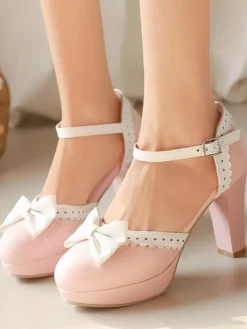 Chaussures Lolita Sweet à talons compensés en cuir PU avec nœuds blancs