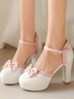 Chaussures Lolita Sweet à talons compensés en cuir PU avec nœuds blancs