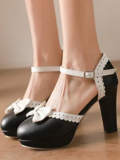 Chaussures Lolita Sweet à talons compensés en cuir PU avec nœuds blancs