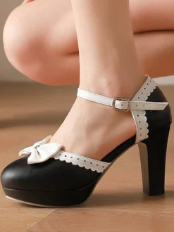 Chaussures Lolita Sweet à talons compensés en cuir PU avec nœuds blancs