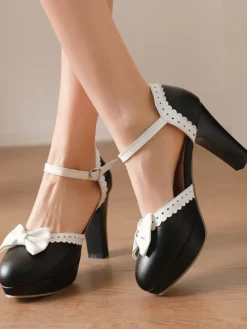 Chaussures Lolita Sweet à talons compensés en cuir PU avec nœuds blancs