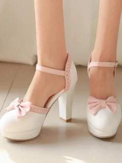 Chaussures Lolita Sweet à talons compensés en cuir PU avec nœuds blancs