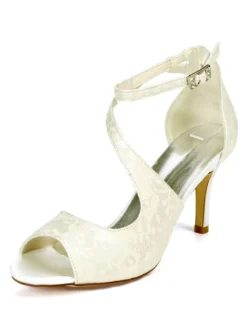 Chaussures mariée bout ouvert talon haut sangle cheville réglable en cuir synthétique
