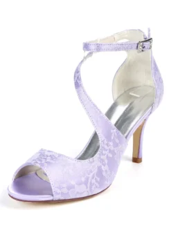 Chaussures mariée bout ouvert talon haut sangle cheville réglable en cuir synthétique