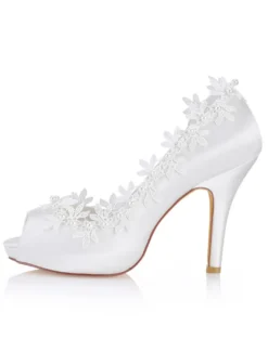 Chaussures mariée en satin à talon haut décoré des fleurs à bout ouvert Chaussures de mariée