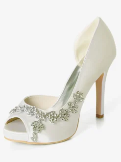 Chaussures mariée ivoire en satin bout ouvert talon haut