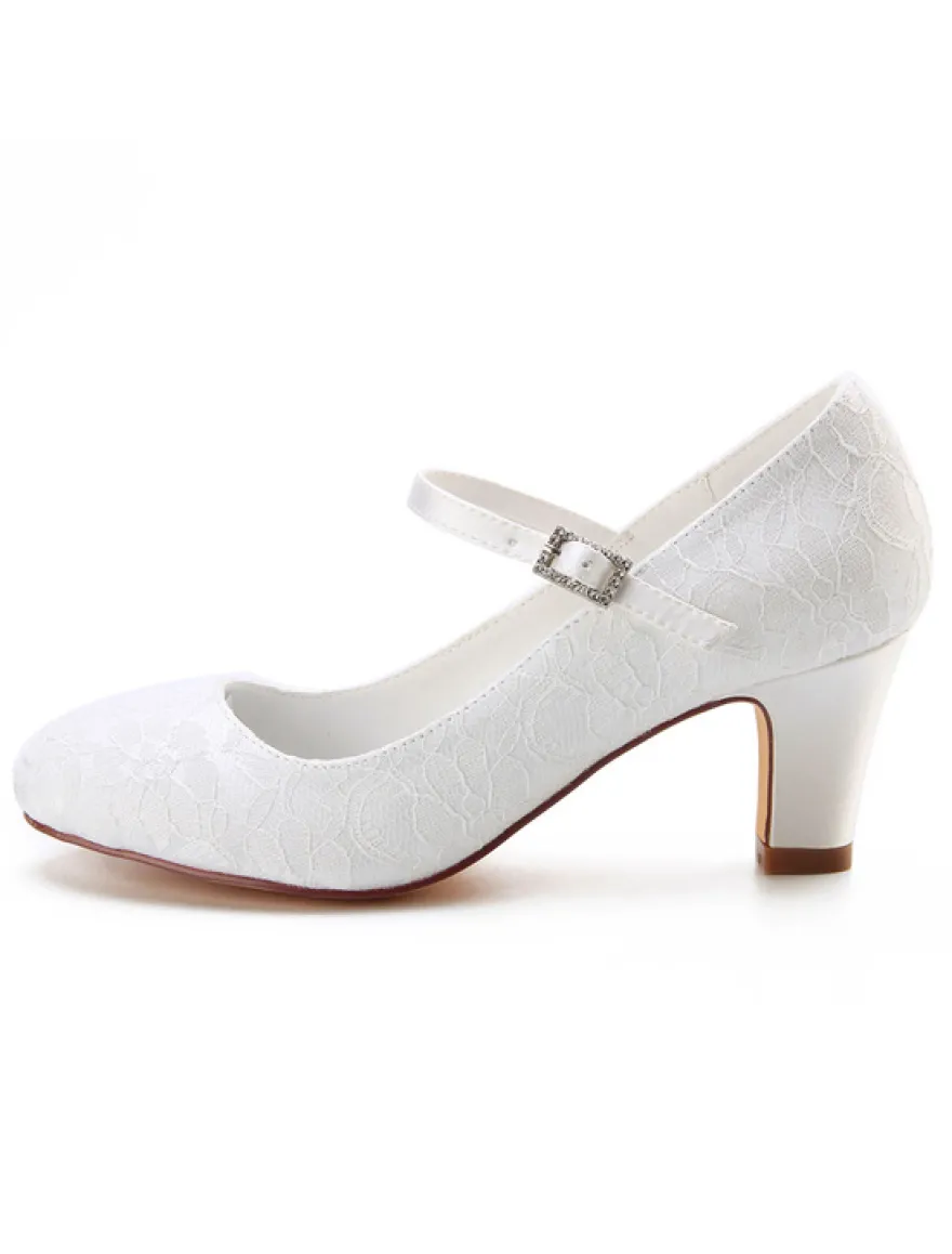 Chaussures mariée ivoire vintage en dentelle avec boucle à talon carré Chaussure de mariée