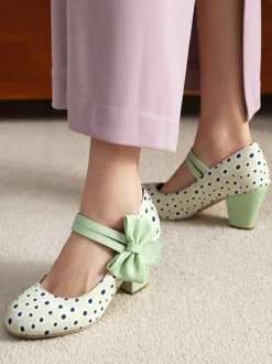 Chaussures Mary Jane jaunes à pois bout rond nœud style vintage