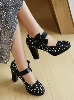 Chaussures Mary Jane pour femmes bout rond talon épais pois nœud chaussures vintage