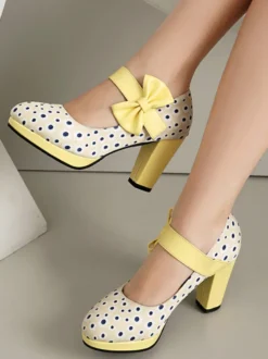 Chaussures Mary Jane pour femmes bout rond talon épais pois nœud chaussures vintage