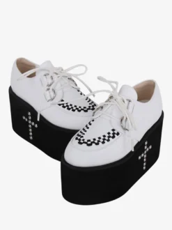 Chaussures mignonne Lolita avec rivets métalliques blancs chaussures Lolita en cuir PU à bout rond