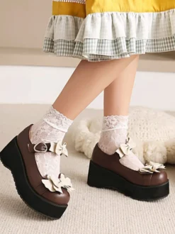 Chaussures Noires Mignonne Lolita En Cuir Pu À Bout Rond Avec Nœud Rose