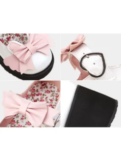 Chaussures Noires Mignonne Lolita En Cuir Pu À Bout Rond Avec Nœud Rose