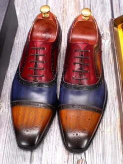 Chaussures richelieu à lacets pour homme en cuir véritable à blocs de couleurs