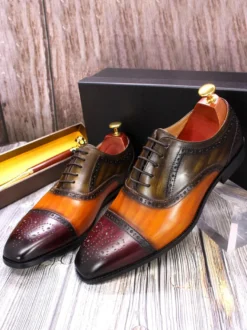 Chaussures richelieu à lacets pour homme en cuir véritable à blocs de couleurs