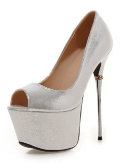 Chaussures sexy femme or bout ouvert talon aigu plateforme en PU verni