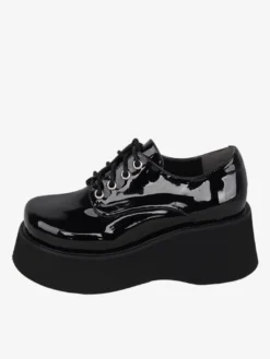 Chaussures Steampunk Lolita en cuir verni noir à lacets et bout rond en cuir PU