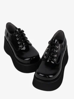 Chaussures Steampunk Lolita en cuir verni noir à lacets et bout rond en cuir PU