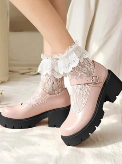 Chaussures Style Académique Lolita Escarpin En Cuir PU À Bout Rond Noir Simple