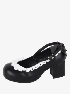 Chaussures Sweet Lolita avec nœud noir et bout rond en cuir PU