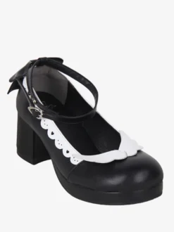 Chaussures Sweet Lolita avec nœud noir et bout rond en cuir PU
