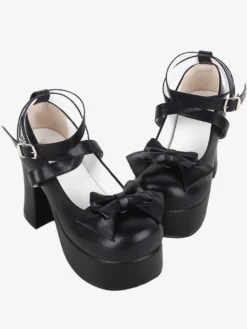 Chaussures Sweet Lolita avec nœud noir et bout rond en cuir PU
