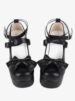 Chaussures Sweet Lolita avec nœud noir et bout rond en cuir PU