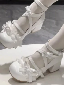 Chaussures Sweet Lolita à brides croisées à la cheville nœuds bleus bout rond talon compensé en cuir PU