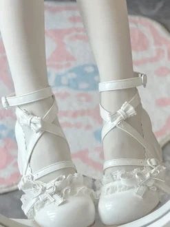 Chaussures Sweet Lolita à brides croisées à la cheville nœuds bleus bout rond talon compensé en cuir PU
