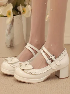 Chaussures Sweet Lolita à nœuds roses talon compensé en cuir PU color block.