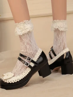 Chaussures Sweet Lolita à nœuds roses talon compensé en cuir PU color block.